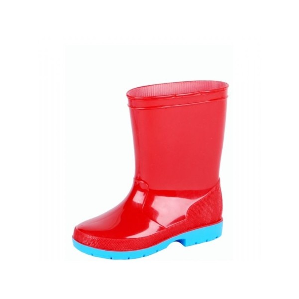Rode kinderregenlaars van PVC met blauwe zool